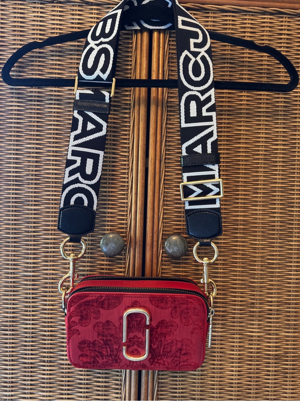 Rare Marc Jacobs Red Velvet Snapshot Camera Crossbody with Branded Black Strap